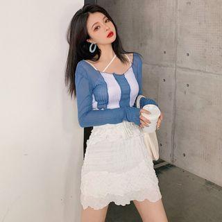 Long-sleeve Paneled T-shirt / Mini A-line Skirt / Spaghetti Strap Top