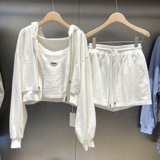 Set : Plain Hooded Jacket + Suspender Cropped Tank Top + Drawstring Shorts