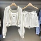 Set : Plain Hooded Jacket + Suspender Cropped Tank Top + Drawstring Shorts