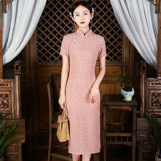 Short-sleeve Heart Print Midi Qipao