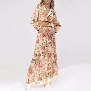 Set: Floral Cropped Blouse + Maxi A-line Skirt