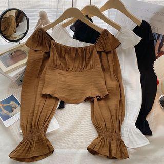 Flare-sleeve Square-neck Plain Top