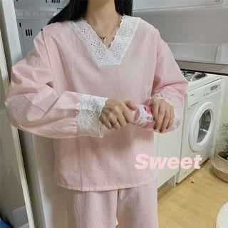 Set:lace-trim V-neck Long-sleeve Top + High-waist Pants