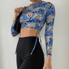 Long-sleeve Side-drawcord Leopard Print Cropped Top