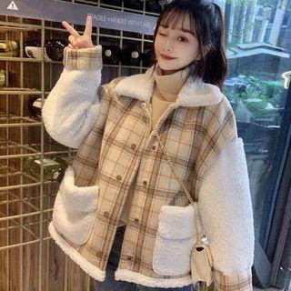 Fleece Panel Plaid Button-up Jacket