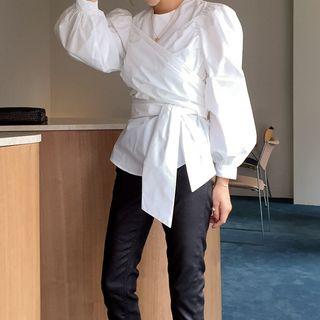Crisscross Balloon-sleeve Blouse White - One Size