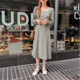 Floral Square-neck Long-sleeve Dress