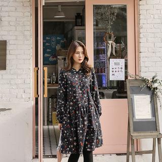 Mandarin-collar Floral A-line Shirtdress
