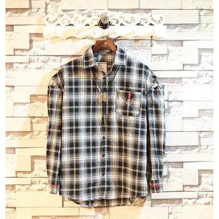 Long-sleeve Cutout-shoulder Check Shirt