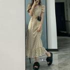 Set: Short-sleeve V-neck Dotted Cropped Blouse + Midi A-line Skirt