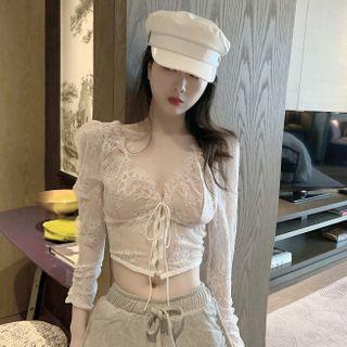 V-neck Lace Cutout-back Crop Top White - One Size