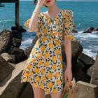 Elbow-sleeve Floral Print Cold-shoulder Mini Dress