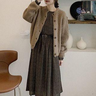 Plain Cardigan / Long-sleeve Floral Print Midi A-line Dress