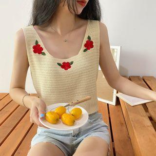 Flower Embroidered Sleeveless Knit Top As Figure - One Size