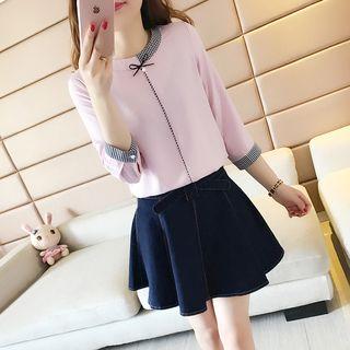 3/4-sleeve Gingham Trim Blouse