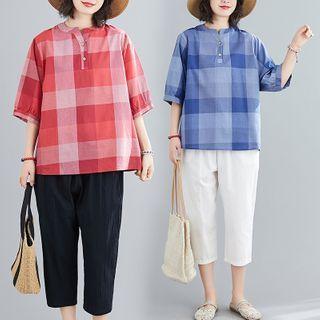 Set : Plaid Semi Sleeve Shirt + Capri Pants
