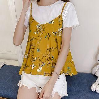 Set: Short-sleeve Plain T-shirt + Flower Print Camisole Top