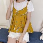 Set: Short-sleeve Plain T-shirt + Flower Print Camisole Top