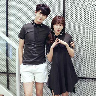 Couple Matching Contrast Trim Short Sleeve Polo Shirt / Short Sleeve Polo Shirt Dress