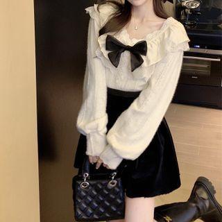 Bow Ruffle Trim Blouse / Mini A-line Skirt