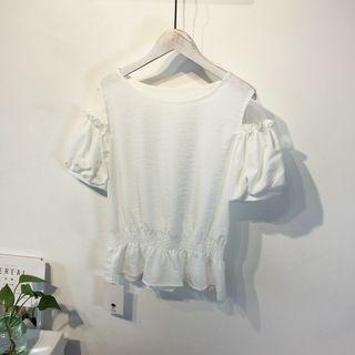 Mesh Panel Frilled Short-sleeve T-shirt