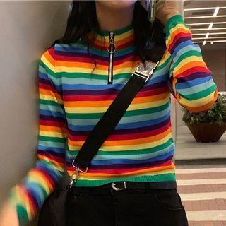 Long-sleeve Striped Zip Placket Knit Top Stripes - Multicolor - One Size