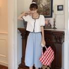 Short-sleeve Contrast Trim Top / A-line Midi Skirt
