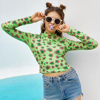 Long-sleeve Leopard Print Mock-neck Crop Top