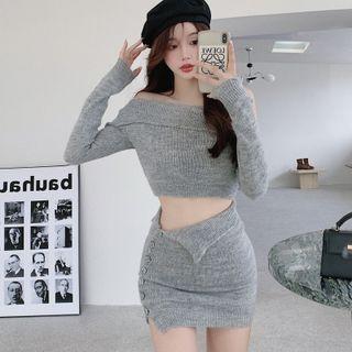Set: Off-shoulder Crop Knit Top + Mini Pencil Skirt Set Of 2 - Top & Skirt - Gray - One Size