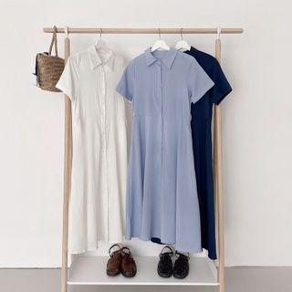Short Sleeve Plain Tie-waist Midi A-line Shirtdress