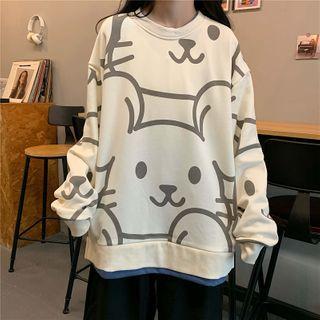 Cartoon Print Panel Hem Round Neck Pullover