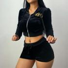 Set: Zip-up Print Long-sleeve Cropped Hoodie + Velvet Drawstring Shorts