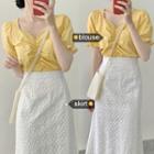Plain Square-neck Short-sleeve Blouse / Flower Embroidered Midi A-line Skirt