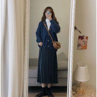 Set: V-neck Flower Knit Cardigan + Pleated Midi Skirt