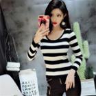 Lace-up Striped Knit Top Black - One Size