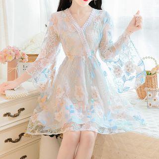 3/4-sleeve Floral Embroidered A-line Mini Dress