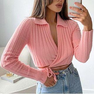 Long Sleeve Collar V-neck Tie-waist Crop Sweater
