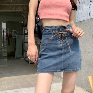 High-waist Lace-up Denim A-line Mini Skirt
