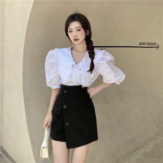Short-sleeve Doll-collar Blouse / Mini Wrap Skirt