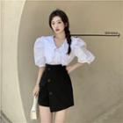 Short-sleeve Doll-collar Blouse / Mini Wrap Skirt