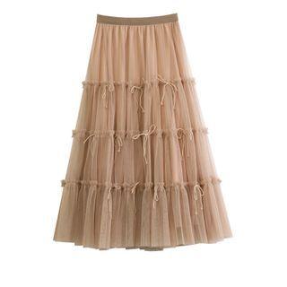 Mesh Panel Bow A-line Maxi Skirt