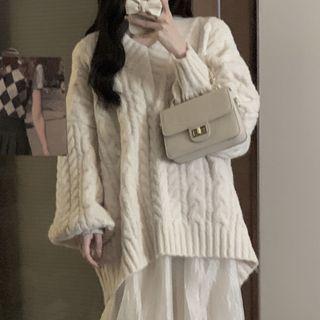 V-neck Cable Knit Sweater / Irregular Midi A-line Skirt
