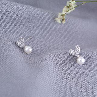 925 Sterling Silver Rhinestone Heart Faux Pearl Stud Earring