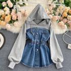 Hooded Long-sleeve Sweatshirt Panel Denim Top