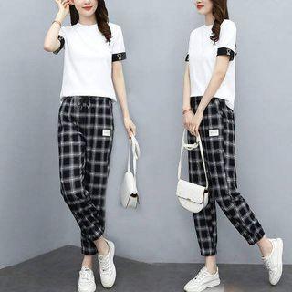 Set: Short-sleeve Contrast Trim T-shirt + Plaid Harem Pants