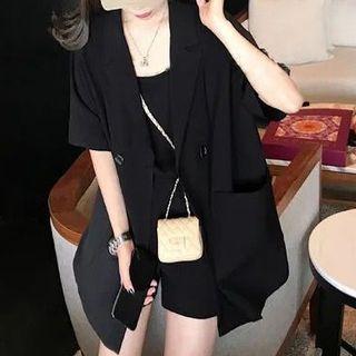 Set: Elbow-sleeve Double Breasted Shirt + Camisole Top + Shorts