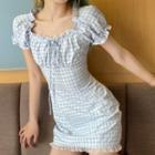 Short-sleeve Gingham Lace Trim Mini A-line Dress