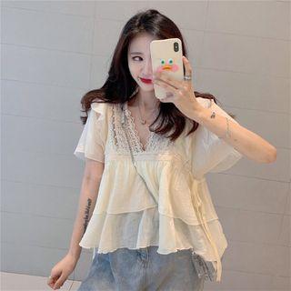 Lace Trim Chiffon Top Almond - One Size