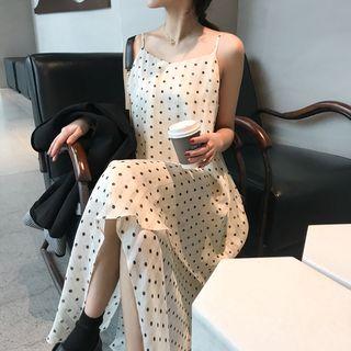 Dotted Spaghetti-strap Asymmetric Midi Dress