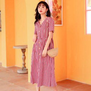 Checked Short-sleeve Midi A-line Dress